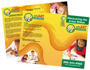 Flyers promoting smART Explorers, featuring children engaged in art activities. Highlighting art exploration in Asheville and creativity for kids, with a contact number and website for more information. Bright yellow and orange design with photos of children painting.
