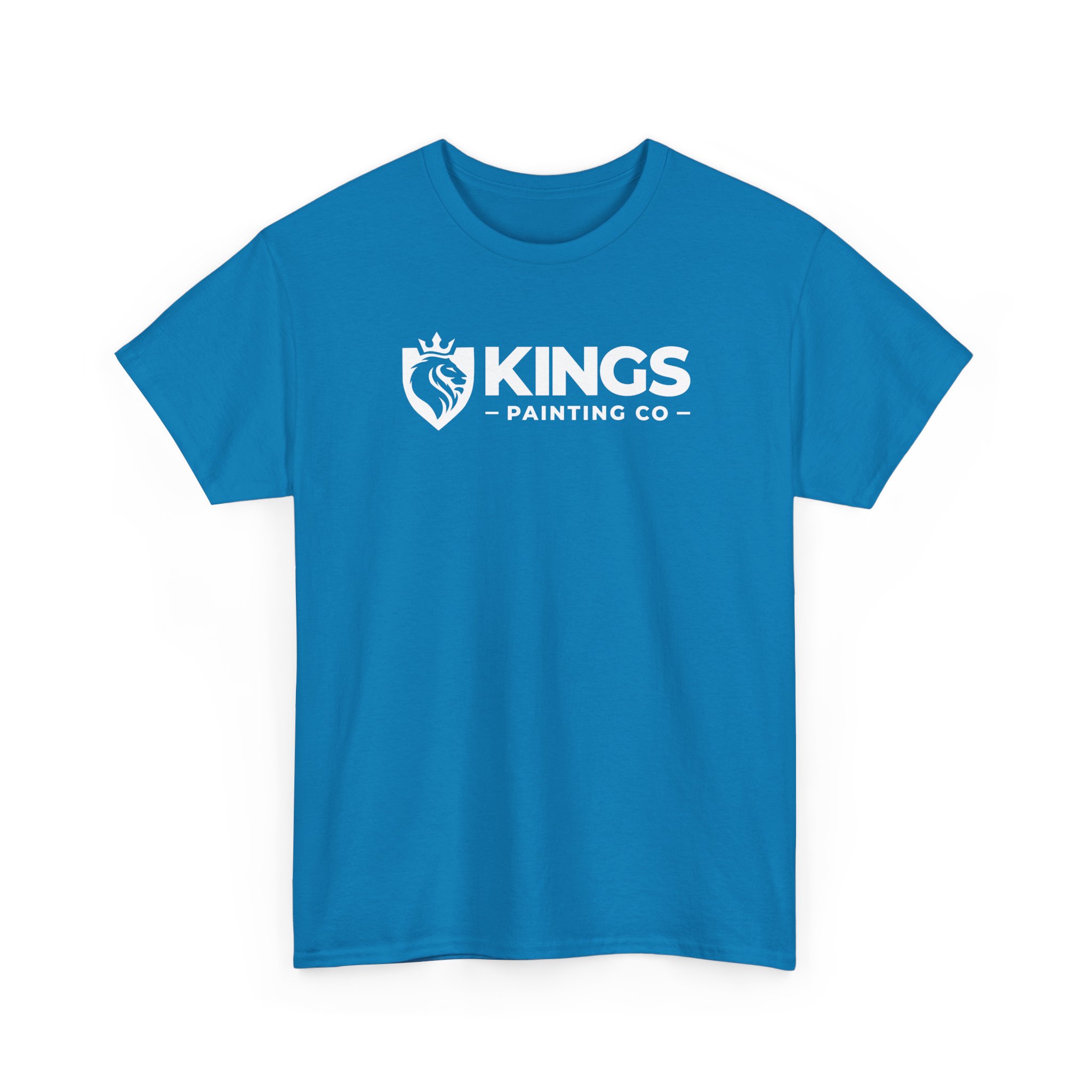 Kings Painting Co. Logo T‑Shirt (Classic) | Gildan Ultra Cotton (G5000) – Blue T-shirt featuring a white KINGS PAINTING CO logo and a lion crest graphic on the chest.