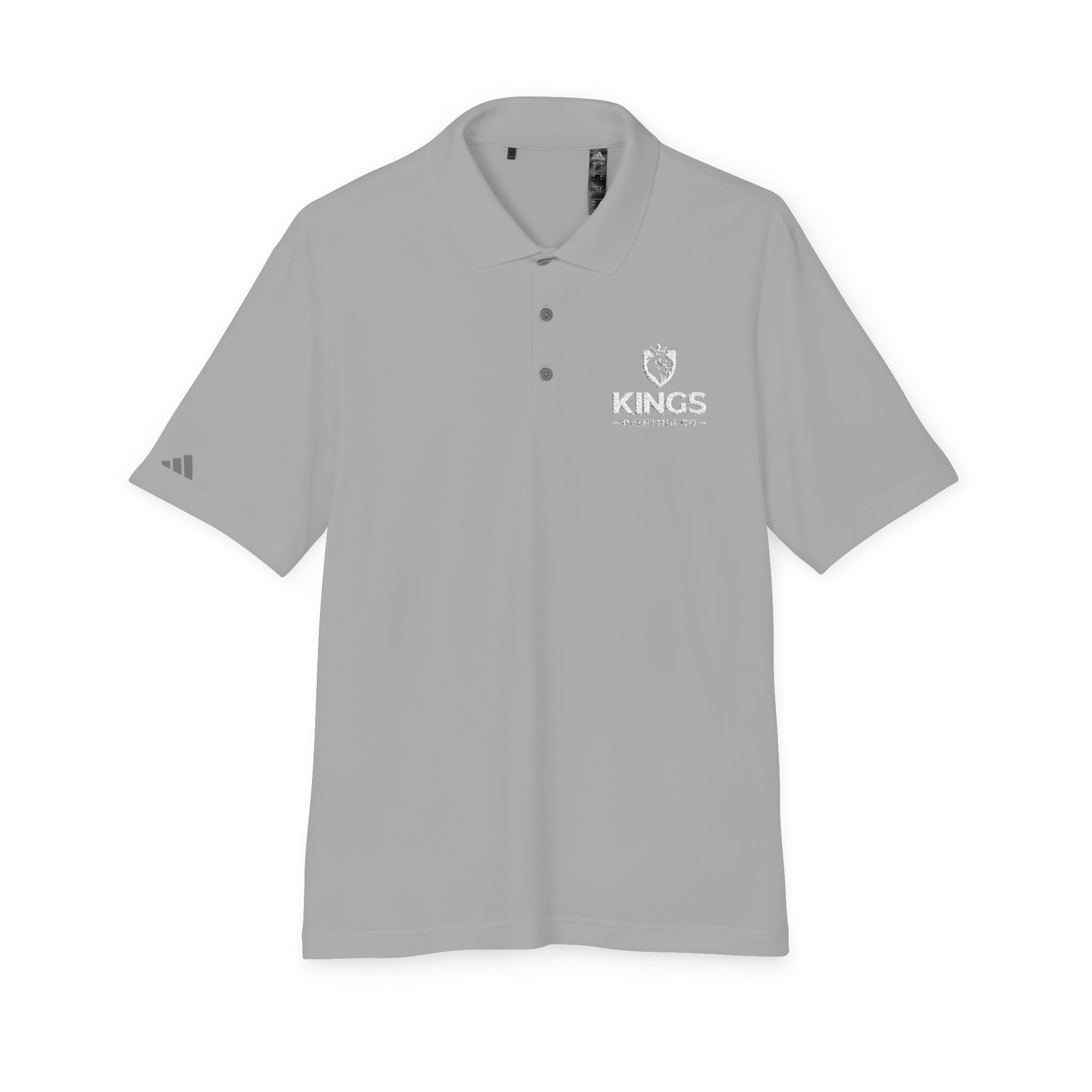 Light gray Kings Painting Co. Performance Polo by Under Armour®, featuring a three-button placket, a white KINGS logo with crown and shield on the left chest, and a small dark gray design on the left sleeve.