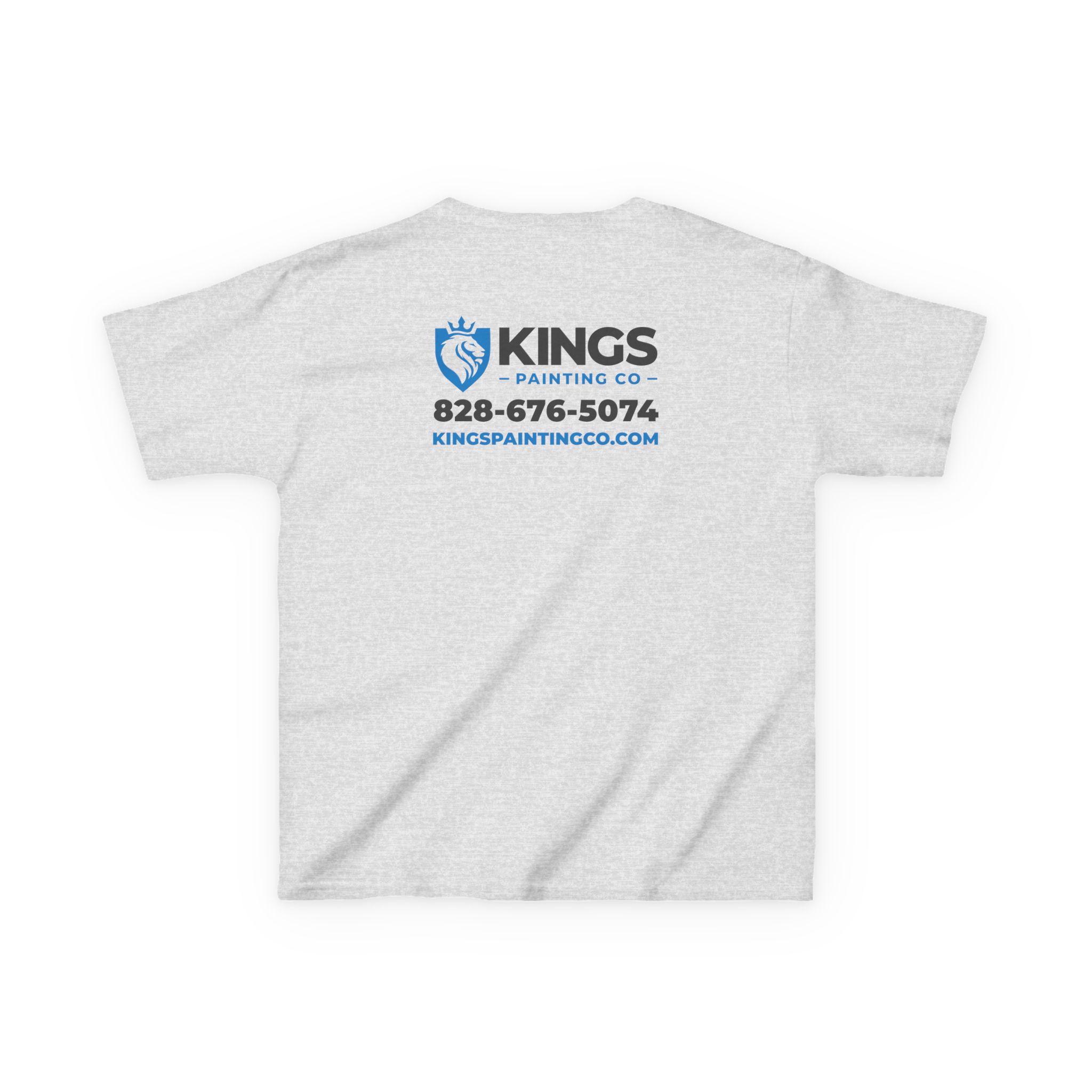 Kings Painting Co. Kids T-Shirt (Ultra Cotton Gildan) in light gray features the Kings Painting Co logo and a blue paintbrush shield graphic on the back, along with the phone number (828-676-5074) and website (kingspaintingco.com) printed in blue and black.