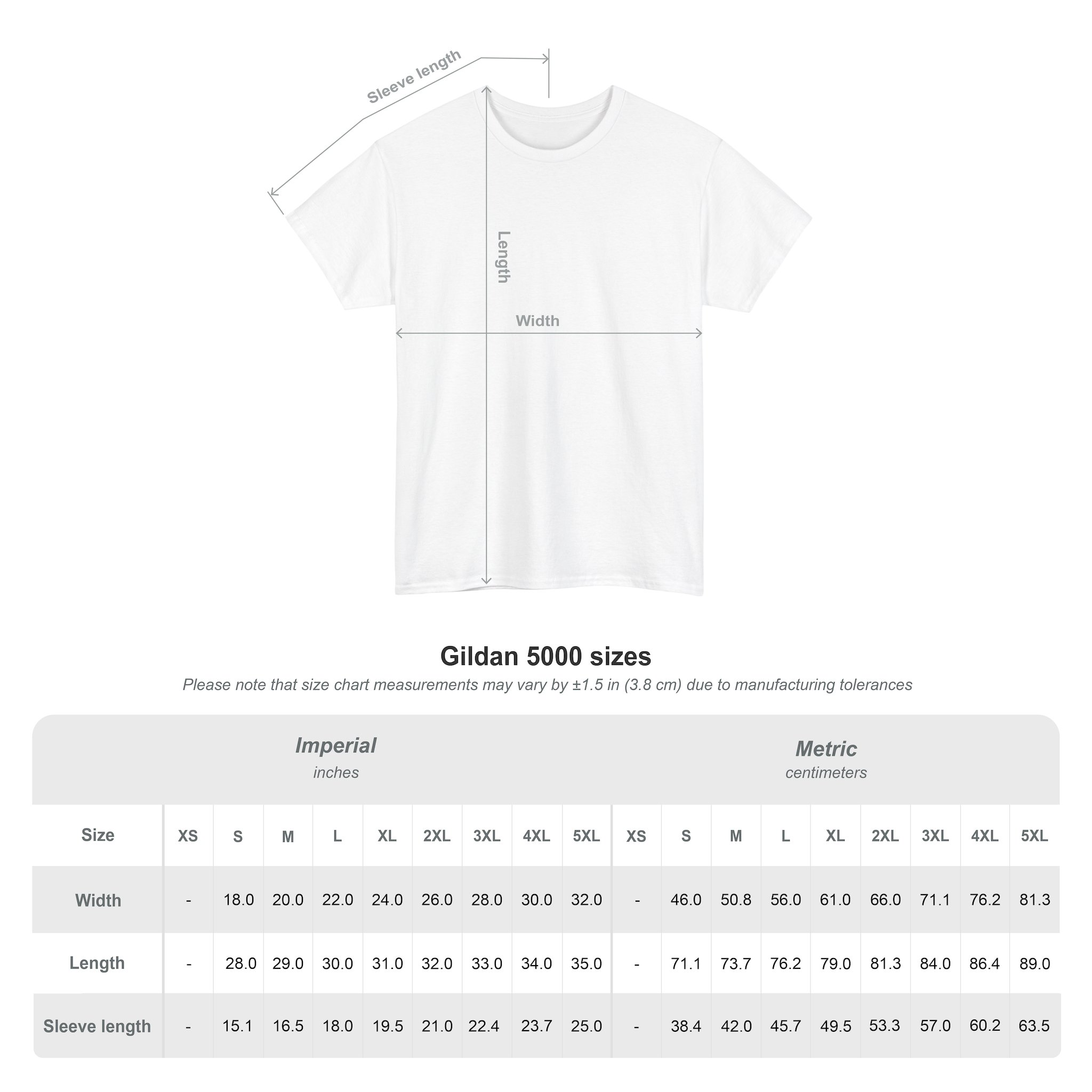 Diagram of a white Kings Painting Co. Logo T‑Shirt (Classic) | Gildan Ultra Cotton (G5000) displaying width, length, and sleeve length measurements, with a size chart below showing Gildan Ultra Cotton (G5000) t-shirt sizing in inches and centimeters for sizes XS to 5XL.