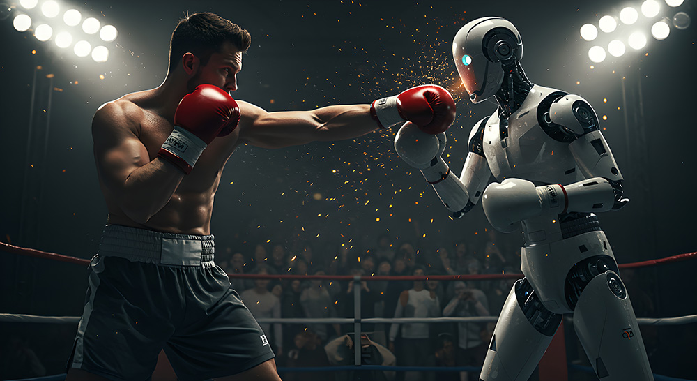 A shirtless male boxer and a white humanoid robot sparring in a boxing ring under bright arena lights.